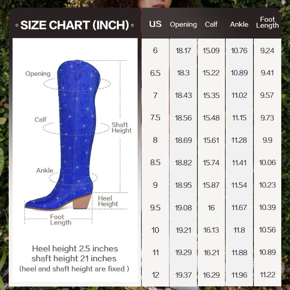 Women Blue Faux Leather Sparkly Bling Rhinestone Over the Knee Cowboy Boots